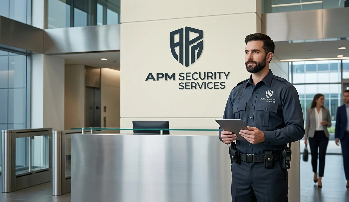 APM uniformed security guard at a corporate reception desk