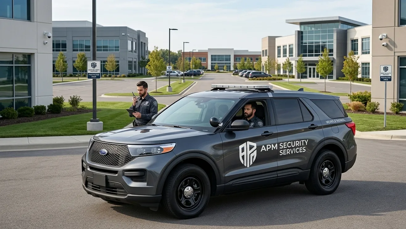 APM Security Services marked patrol vehicle and officers at a commercial property